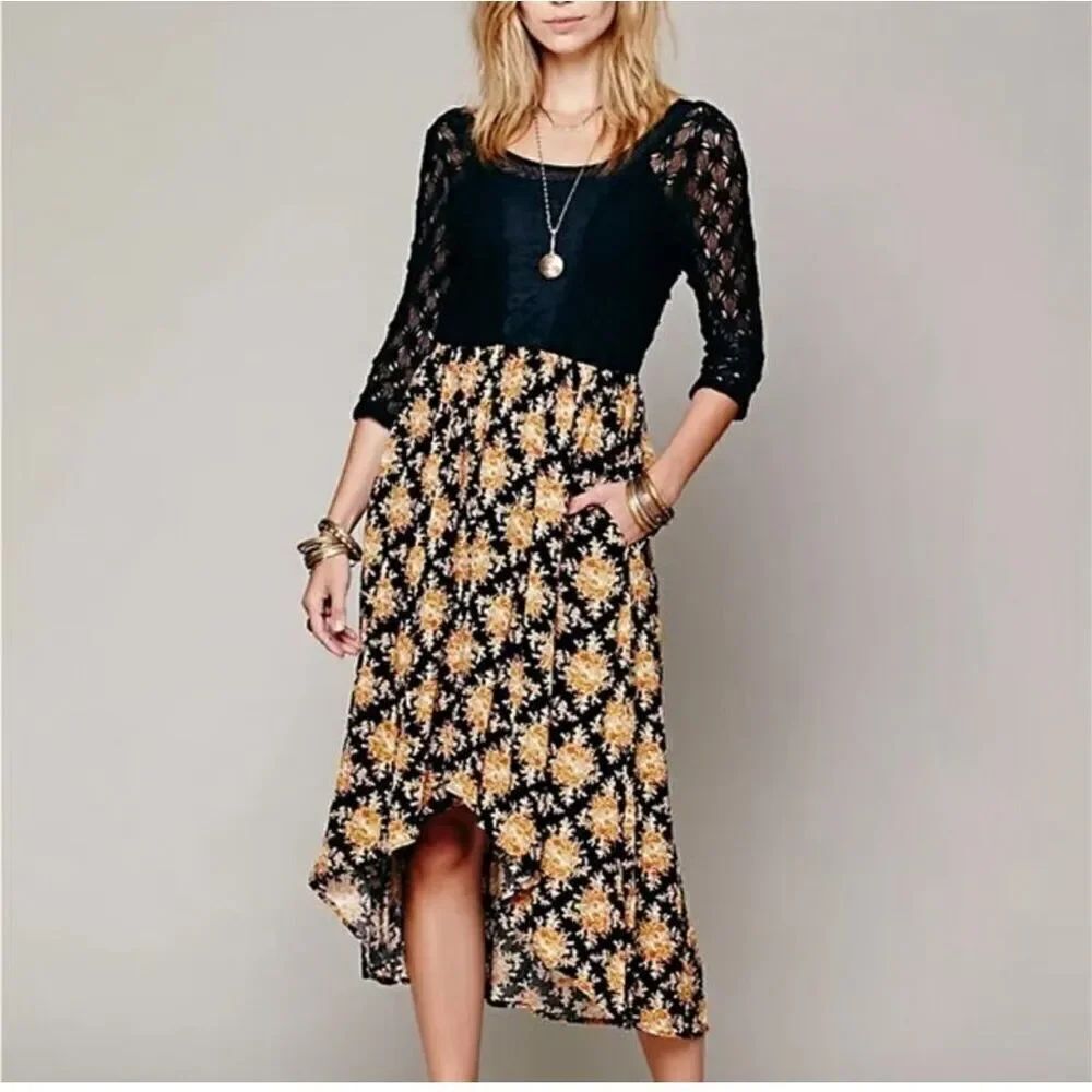 Free People Womens Lonesome Dove Black Floral Crochet Mesh Hi Lo Boho Dress Sz 0